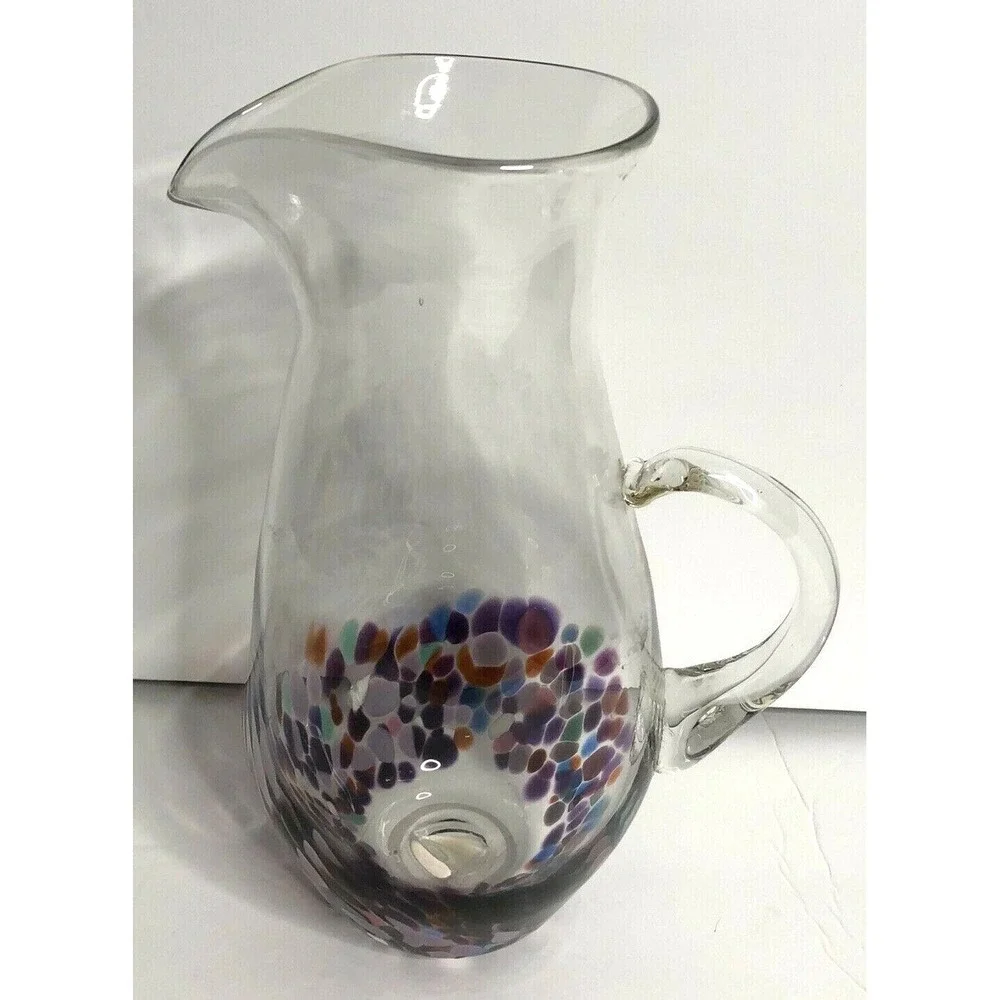 Hand Blown Art Glass Pitcher Purple Confetti Dot 10